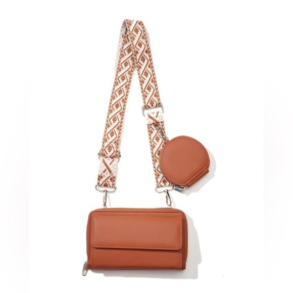 New!Camel Tan VEGAN LEATHER CROSSBODY DUO WALLET HANDBAG - Picture 3 of 7